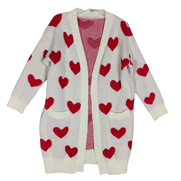 Beige Knitted Open Cardigan Red Hearts Pattern Long Sleeve 2 Front Patch Pockets - Picture 3 of 7